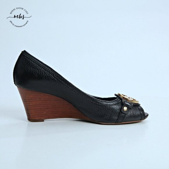 Tory Burch Letitia Leather Peep Toe Wedge Black Gold Women 6.5 - Picture 8 of 13